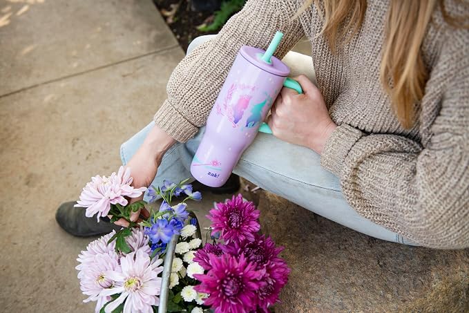 Zak Designs Wicked: For Good Sutton Travel Tumbler for On the Go, 30oz Stainless Steel with Vacuum Insulation, Silicone Straw, and Carry Handle for Cold Drinks (Glinda and Elphaba)