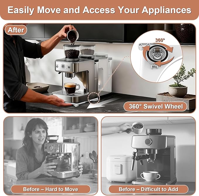 Adjustable Appliance Sliding Tray - Expandable 11" x 11"- 20" x 20" Slider Tray for Kitchen Appliances - 360° Countertop Rolling Tray with Locking Brakes for Coffee Makers