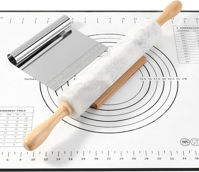 Koville African Natural Marble Rolling Pin, Non-Stick Polished Dough Roller, Pasta, Dumpling, Fondant, Pie Crust, Bread, Pizza Dough, Kitchen Baking Pastry Tools with Mat/Scraper(Grigio Fantasy)
