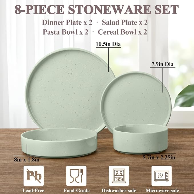 Herogo 8 Piece Plates and Bowls Set, Kitchen Dinnerware Sets with Pasta Bowls, Dinner Ware Dishes Service for 2, Chip & Scratch Resistant Porcelain Kitchen Dishware, Speckled Light Green