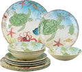 UPware 12 Piece Sea Turtle Melamine Dinnerware Sets, Outdoor Dishes Set, Plates and Bowls Sets, Service for 4, Multicolor