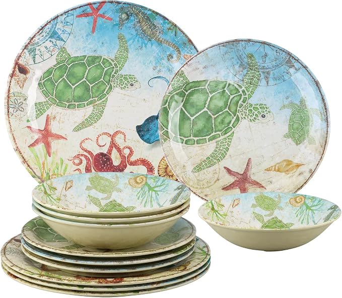 UPware 12 Piece Sea Turtle Melamine Dinnerware Sets, Outdoor Dishes Set, Plates and Bowls Sets, Service for 4, Multicolor