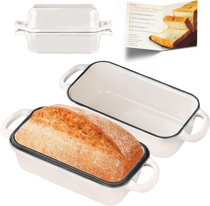 Cast Iron Bread Loaf Pan with Lid, Loaf Pans for Baking Bread 9x5, Enameled Bread Pans for Homemade Bread, Sourdough, Set of 2, Cream