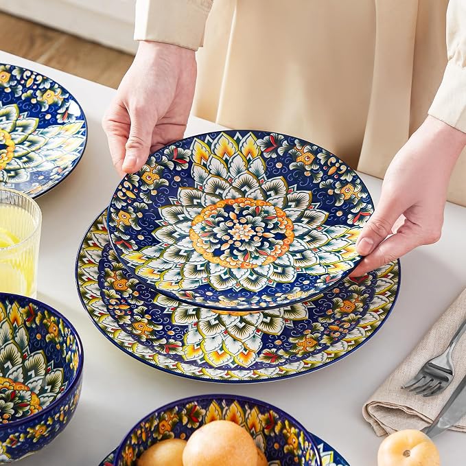 vancasso 12 Pieces Dinnerware Sets, Blue Plates and Bowls Set, Porcelain Dishes Set for 4, Microwave and Dishwasher Safe, Scratch Resistant, Bohemian Style Dining Ware Service for 4, Series SIMI