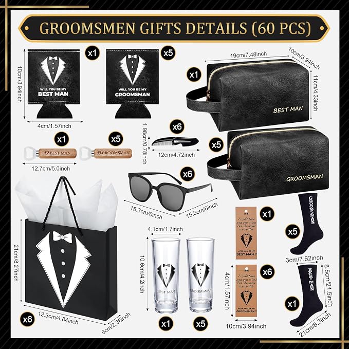 60Pcs Groomsmen Gifts Groomsmen Proposal Box with Shot Glasses Socks Sunglasses PU Leather Toiletry Bag Bottle Opener Can Cooler Groomsman Gifts for Wedding Groomsmen Best Man Gift (60, Black)