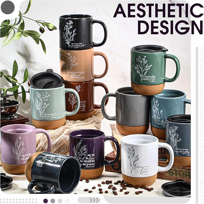 FillTouch 12 Pcs Christian Mug Gifts Bulk 15oz Religious Cup Cork Bottom Coffee Mug with Verse Inspirational Gift for Women Men Pastor Church Group Bible Study Member(Boho,Flower)