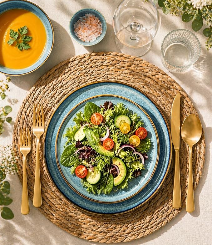 GBHOME Ceramic Dinnerware Sets for 6, 18 Pieces Stoneware Plates and Bowls Sets, Scratch Resistant Dishes, Dishwasher & Microwave Safe, Space Blue