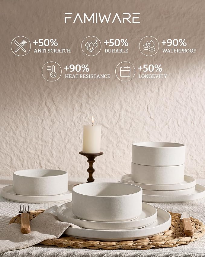 Famiware Nebula Plates and Bowls Sets, 18 Pieces Stoneware Dinnerware Sets, Reactive Glaze Dish Set, Dishes Set for 6, Matte Beige White