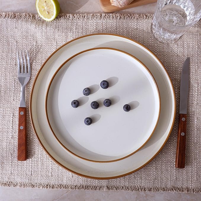 Famiware Nebula Plates and Bowls Sets, 18 Pieces Stoneware Dinnerware Sets, Microwave and Dishwasher Safe Dish Set, Dishware Sets for 6, Vanilla White with Brown Rim