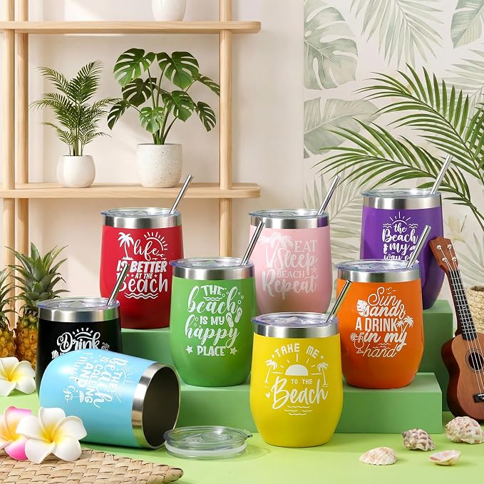Sliner 8 Pcs Beach Girls Trip Wine Tumbler with Lids Summer Beach Travel Gifts 12oz Stainless Steel Wine Cups for Girls Women Weekend Trip Vacation Cruise Seaside Gifts