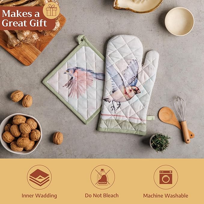 Maison d' Hermine 100% Cotton Oven Mitt & Pot Holder Set (7.5"x13" & 8"x8") Heat Resistant BBQ Cooking Gloves with Loop Baking Grilling Kitchen Gifts for Mothers Day Spring/Summer (Flying Birds)