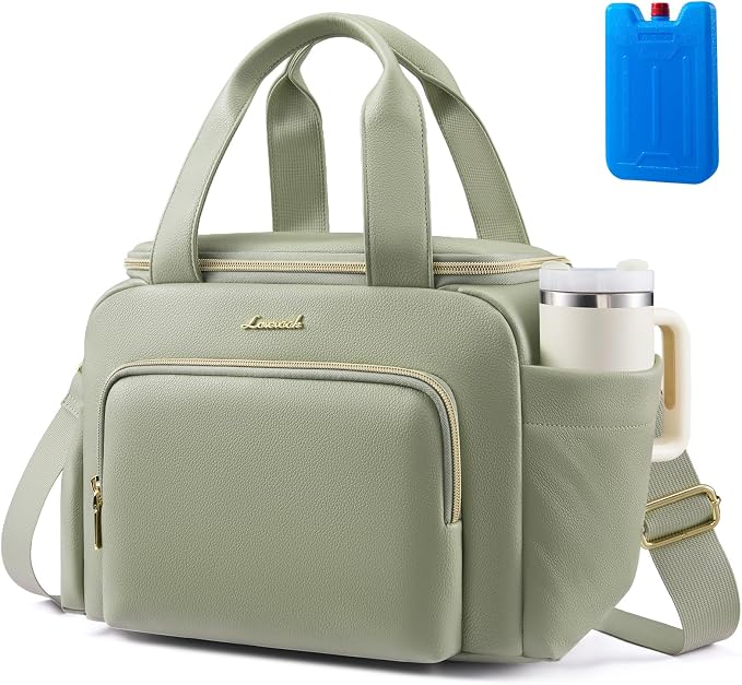 LOVEVOOK Insulated Lunch Bag for Women, PU leather Lunch Box with Shoulder Strap, Wide Opening Adult Large Lunch bags for Work Picnic Beach Family Camping Outdoor Teacher