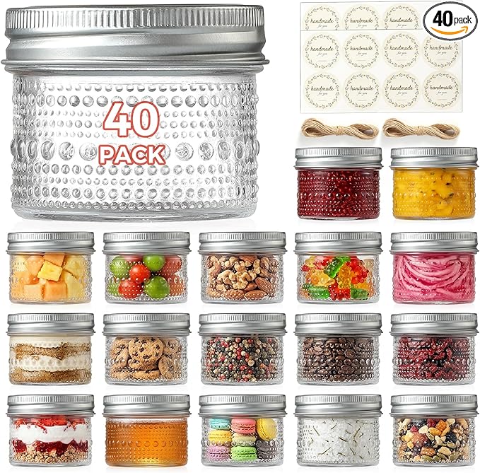 40 Pack Small Glass Jars with Lids - 4oz Vintage Embossed Mini Mason Jars ,Regular Mouth Mason Canning Jar with Seal Bands for Jam, Honey, Jelly, Dessert, Spice, Wedding Favors, DIY Candles Decor