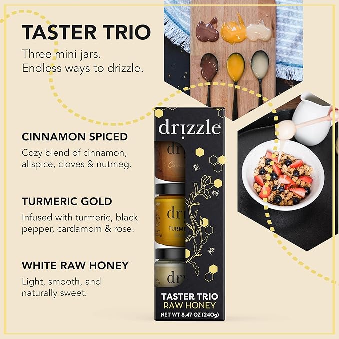 Drizzle Honey Taster Trio - All Natural Pure Raw Honey, Unfiltered, White, Cinnamon Spiced, & Turmeric Gold Mini Jars, Use in Tea & Coffee, Sugar Substitute, Certified Kosher - Pack of 6