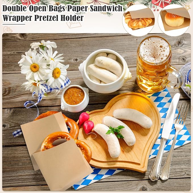 Colarr 1000 Pcs Soft Pretzel Bags 6.69 x 7.09 Inch Pretzels Individual Bags Grease Resistant Double Open Paper Sandwich Wrapper Holder for Concession Stands Food Snack Cookie, Brown