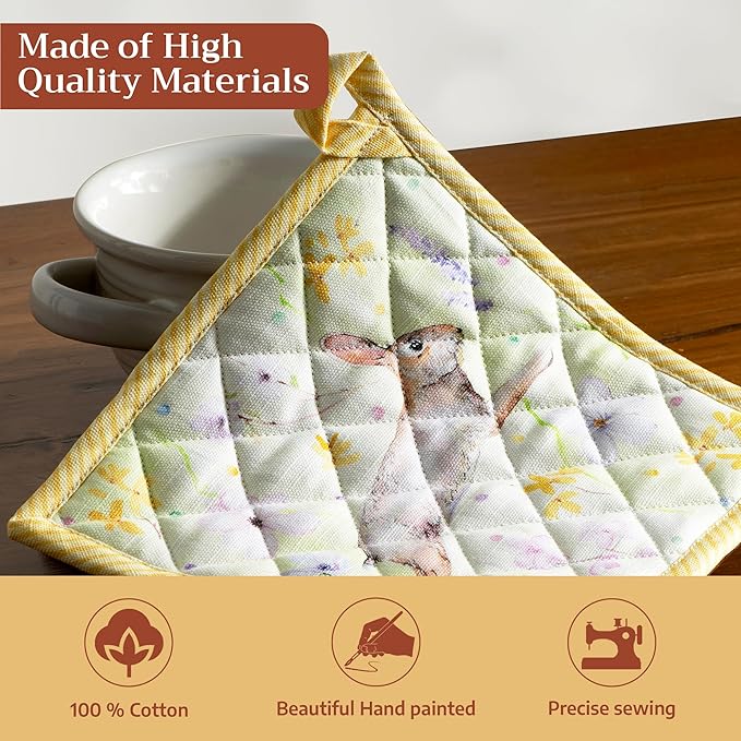 Maison d' Hermine Pot Holders 100% Cotton Heat Resistant Potholders 8" x 8" Hot Pads with Loop BBQ Cooking Baking Gifts for Mothers Day Handling Hot Pans Spring/Summer (Pack of 2, Easter Zest)