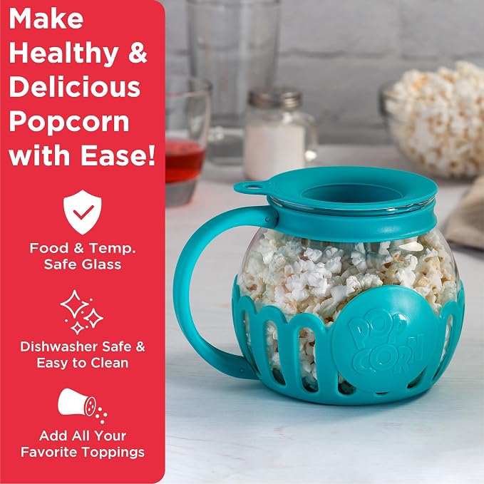 Ecolution Patented Micro-Pop Microwave Popcorn Popper with Temperature Safe Glass, 3-in-1 Lid Measures Kernels and Melts Butter, Made Without BPA, Dishwasher Safe, 1.5-Quart, Teal