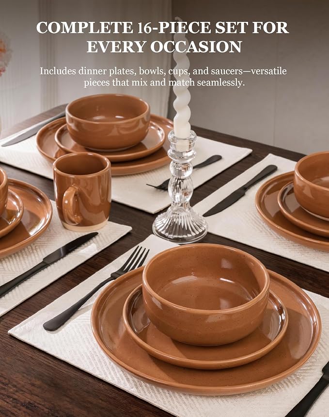 OTAGO 16-Piece Brown Stoneware Dinnerware Set for 4 with Mugs, Plates and Bowls Sets with Partially Unglazed Base, Scratch Resistant Ceramic Dish Set, Microwave & Dishwasher Safe for Kitchen