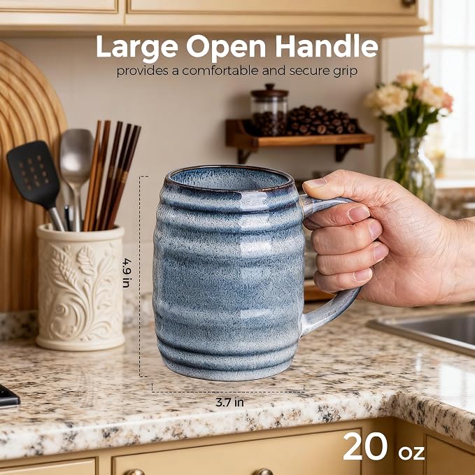 GBhome 20oz Large Coffee Mugs Set of 4, Handmade Ceramic Coffee Mugs Set for Latte/Tea/Beer/Hot Cocoa, Dishwasher & Microwave Safe- Blue Horizon