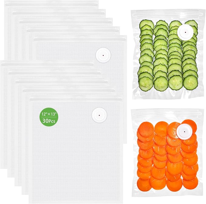 Syntus 30 Reusable Vacuum Sealer Bags for Food, Large 12" x 13" Food Storage Zipper Bags with Air Valve BPA-free Leakproof Keep Food Freshness, Compatible with Compact Vacuum Sealers