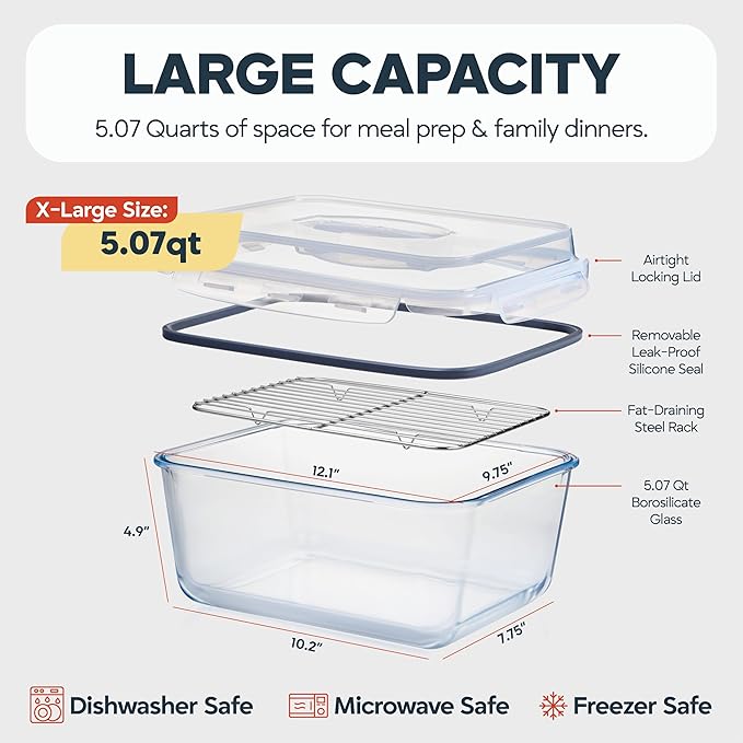 Pexo 6600 ML / 230 oz / 28 Cup Extra Large Glass Food Storage Container with Stainless Steel Rack for Broiling, with Airtight Locking Lid, Clear Jumbo Size, Ideal Storing food, Vegetables, Fruits. Baking Casserole, Lasagna, Roasting Turkey, Chicken BPA...