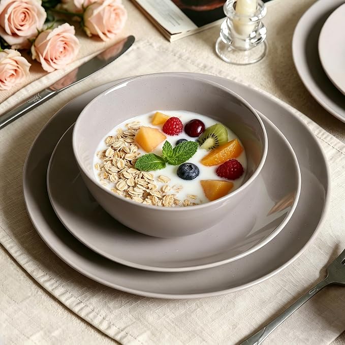 Dinnerware Sets for 4, 12 Pieces Stoneware Plates and Bowls Sets, Dishwasher&Microwave Safe,Modern Minimalist Tableware for Everyday Use, Gray