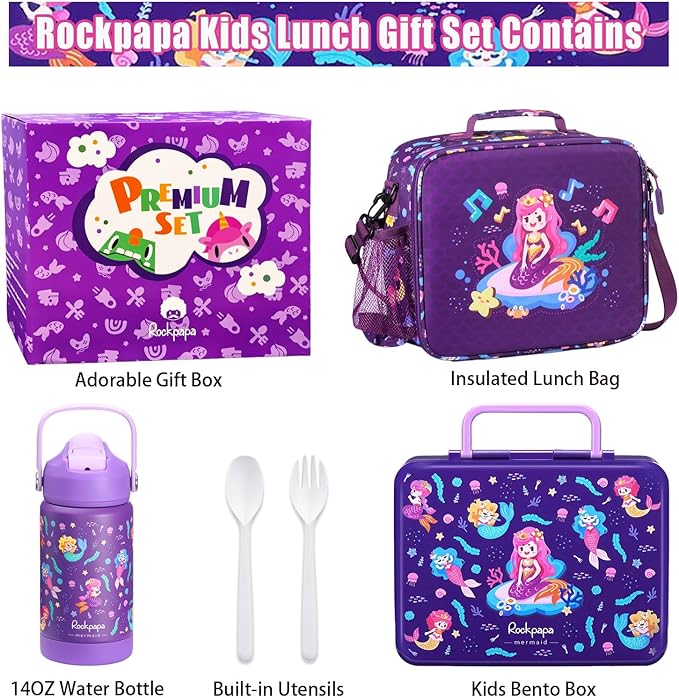 rockpapa Kids Lunch Box Set with 14oz Insulated Water Bottle & Lunch Bag, Leakproof 5.5 Cups Bento Box for School & Children, BPA-Free, Microwave Safe for Boys Girls (Purple Mermaid)
