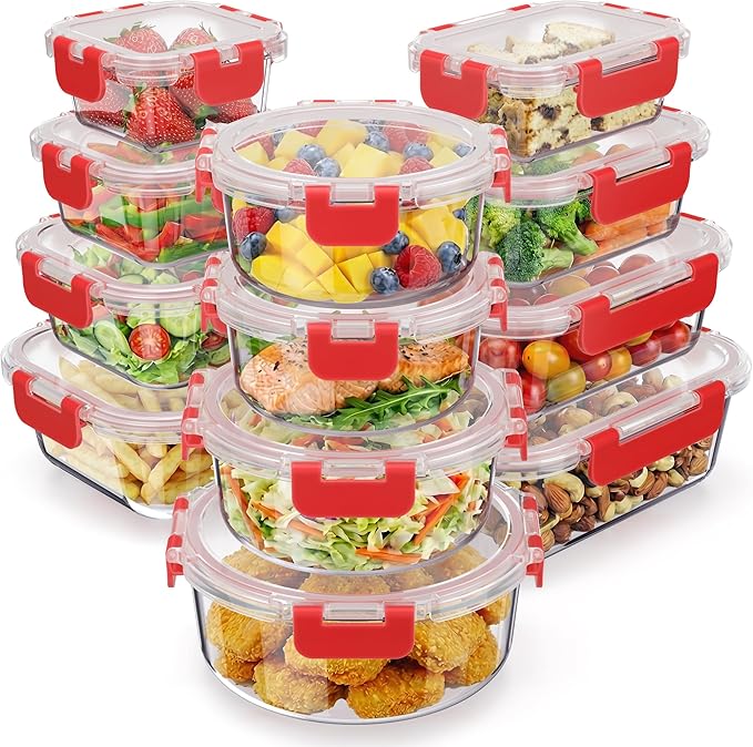 Emporio Kitchen Borosilicate Glass Food Storage Containers with Lids 24 Pieces, BPA-Free Stackable Lunch & Leftover Containers, Microwave, Freezer & Dishwasher Safe, 100% Airtight Leak-Proof, Red