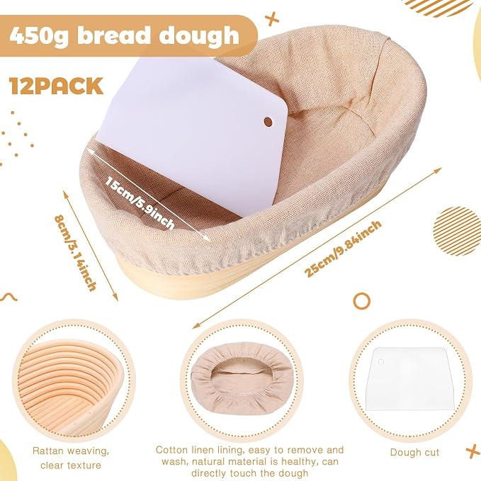 Gejoy 12 Set Bread Proofing Baskets Oval Shaped Banneton Dough Proofing Bowls Kit with Cloth Liner and Plastic Scraper Sourdough Proofing Basket for Home Sourdough Bakers Supplies (10 Inch)