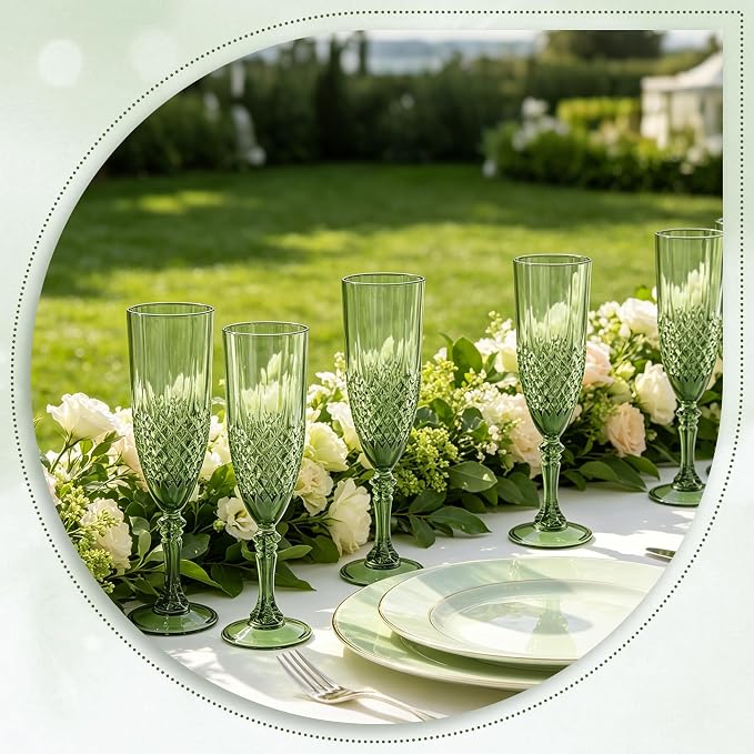 Plastic Champagne Flutes, Champagne Glasses Bulk, Reusable Unbreakable Acrylic Wine Glasses Goblets for Weddings Bachelor Parties Toasting Bridal Shower (12, Sage Green)