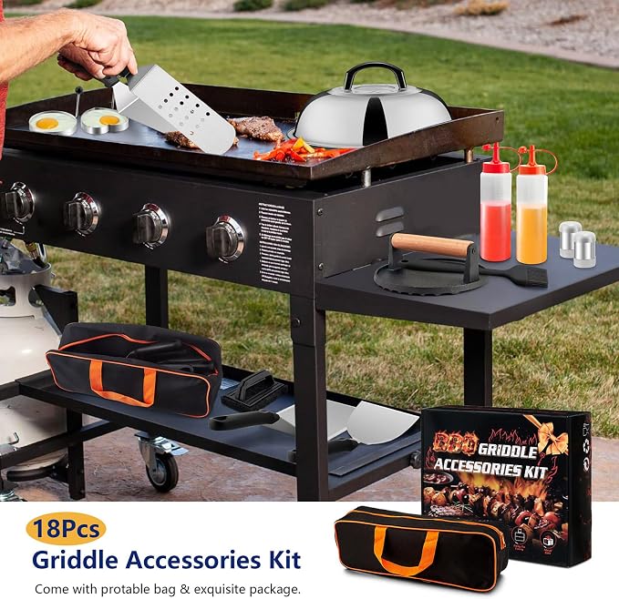 Joyfair 18Pcs Griddle Accessories Kit for Blackstone, (PP Handles) | Flattop Grilling Accessory Set With Smash Burger Press, Stainless Steel Spatula Tool, Basting Cover For Outdoor BBQ Cooking