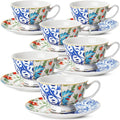 BTaT- Floral Tea Cups and Saucers, 8 oz, Fine Porcelain Teacup Set with Gold Trim for Afternoon Tea, Weddings, Parties & Gifting, Dishwasher Safe, Lightweight, Non-Toxic, Set of 6