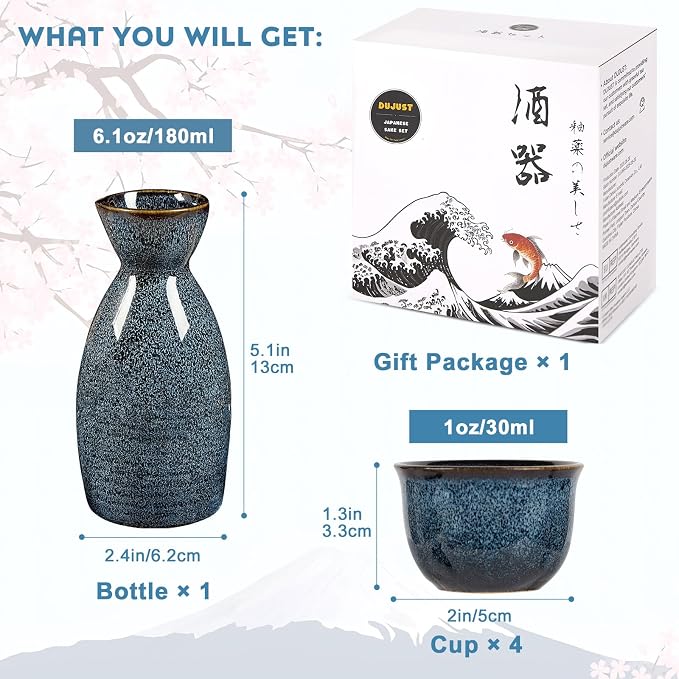 DUJUST 5 pcs Japanese Sake Set, Kiln Altered Glaze Porcelain Sake Set, 1 Bottle, 4 Cups & 1 Gift Box, Warm Carafe, Special Japanese Gift Set - Blue