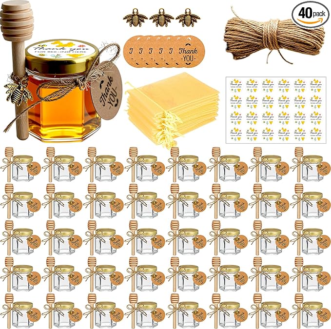 Adabocute Mini Honey Jars - Honey Pot With Honey Dipper, Bee Pendants, Jutes, Tags and Gold Organza Bags - Perfect For Baby Shower Favors, Party Favors and Wedding Favors, 40 Pack 1.5oz