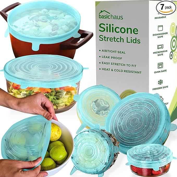 Reusable Silicone Stretch Lids for Food Storage in Fridge - Elastic Heat-Resistant Bowl Covers, Cups, Cans, Jars - Universal Food Grade Lid for Containers - 7 Pack - Light Green Stretchy Lid Set