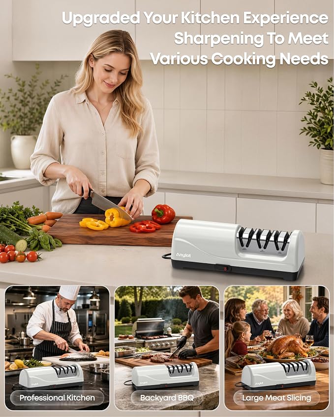 Kitchen Electric Knife Sharpener, 3-Stage Diamond Knife Sharpener Electric with 20° Precision Angle Guide, Fast & Safe Sharpening for Kitchen Knives, Home Use & Beginners (White)