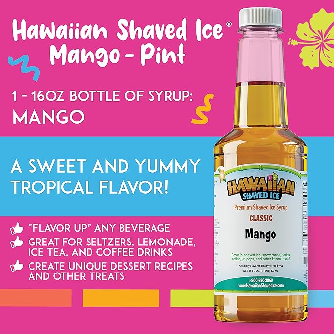 Hawaiian Shaved Ice Mango Syrup - Nut Soy Dairy Free - Flavor Fluffy & Crunchy Snow Cones - Shelf Stable - Makes 8 Servings - 16 ounces