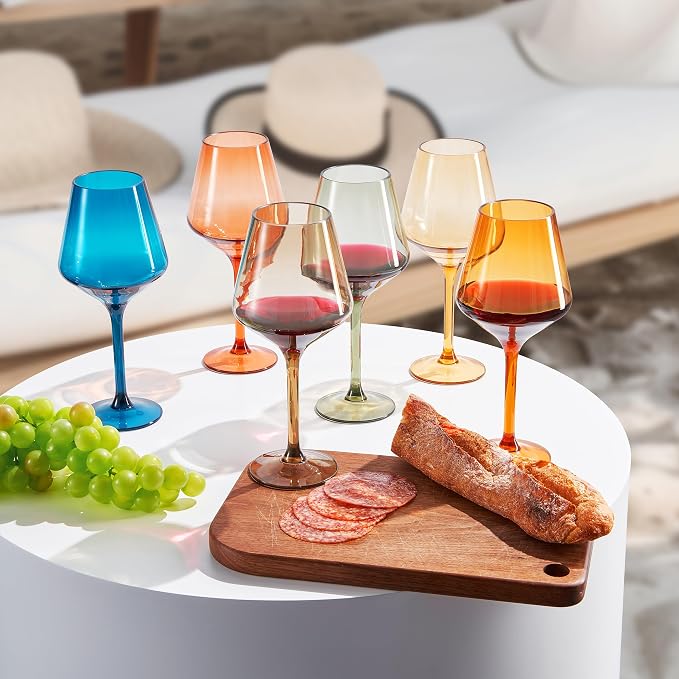 European Style Plastic Crystal Unbreakable Stemmed Wine Glasses | Set of 12 | Acrylic Tritan Pastel Color Shatterproof BPA-Free, Outdoor, Pool, Indoor, Hand Wash 17oz Gift, Everyday & Holiday