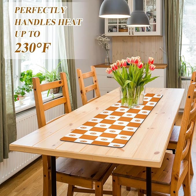 2 in 1 Table Runner Trivet for Hot Pots and Pans Heat Resistant Non Slip Waterproof 39 x 12 Inch Decorative Table Protector for Kitchen Countertop Checkered Orange Sunflowers