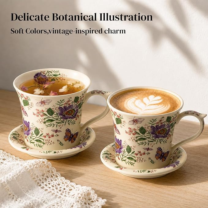 DOWAN 14 OZ Tea Cup & Saucer Set, Ceramic Coffee Mug with Lid, Cappuccino/Latte Cup, Floral, Perfect Self‑Care or Gift for Friends, One Set
