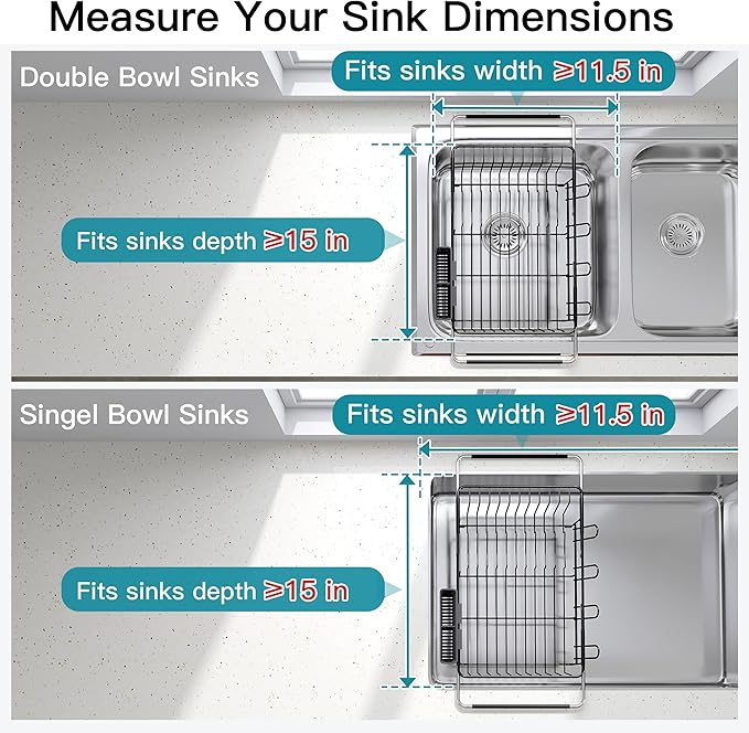 Dish Drying Rack Over the Sink In Stainless Steel Black Expandable Drainer for Small Kitchen, Counter Space Saving Compact Inside Sink Plate Dryer, Adjustable Hanging Metal Wire Strainer Drain Holder