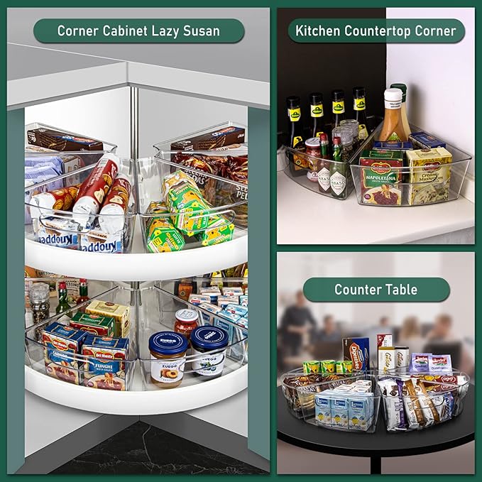 JEISSLIA Lazy Susan Cabinet Organizer Bins for 26"/ 28"/ 32" Diameter Corner Organizer, Plastic Cabinet Storage Bin, 1/8 Wedge - Food Safe, BPA Free, with Non-Slip Pads (for 32" Diameter, 6 Pack)