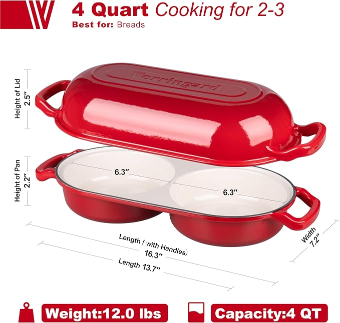 VORRINGARD Enameled Cast Iron Double Dutch Oven with Lid, Dual Round Loaf Pan, Bread pan for Homemade Sourdough Bread Baking, Red