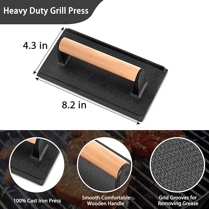 Leonyo 3Pcs Cast Iron Grill Press, Heavy Duty Bacon Press with Wood Handle, Pre-Seasoned Burger Smasher for Griddle Cooking, Meat, Burger, Bacon, Steak, Panini, Sandwich, Rectangle (8.2"X4.3")