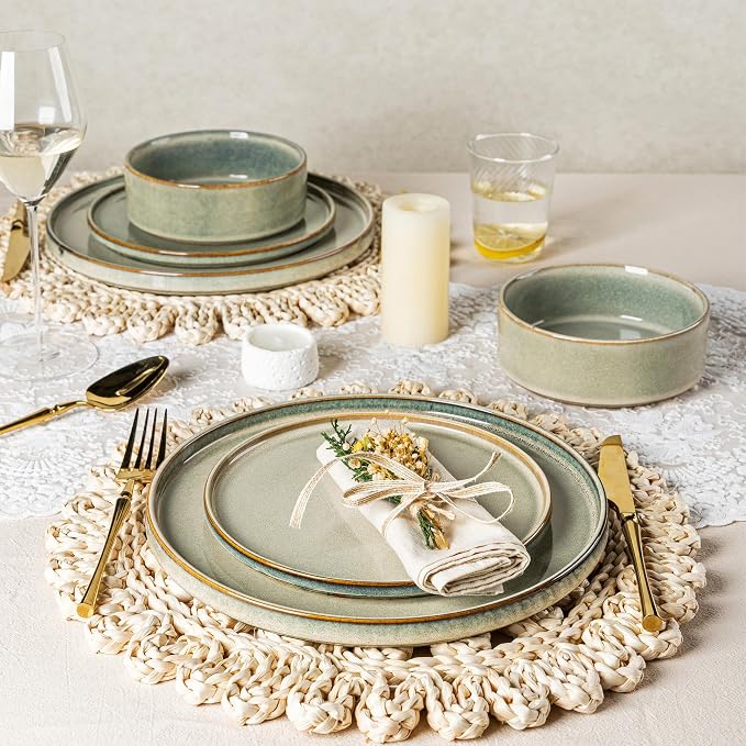 AmorArc Ceramic Dinnerware Sets, Handmade Reactive Glaze Stoneware Plates and Bowls Sets,Highly Chip and Crack Resistant | Dishwasher & Microwave Safe Dishes Set, Service for 4 (12pc)
