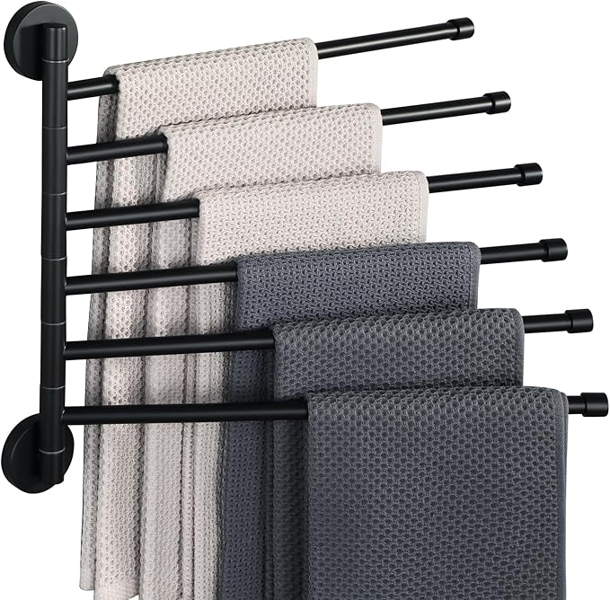 Alise Swivel Towel Rack,Folding 6 Arms Hand Towel Bars Towel Hanger for Bathroom,Wall Mount Drying Racks for Laundry,SUS304 Stainless Steel Swing Out Towel Holder Storage Space Saving,Matte Black