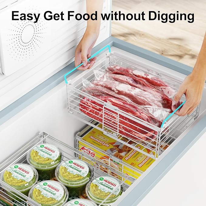 iSPECLE 4 Pack Freezer Organizer Bins - Fit 10 to 20 Cu.Ft Deep Freezer, Expandable Wire Storage Chest Freezer Baskets for Frozen Food, Stackable with Handles, White