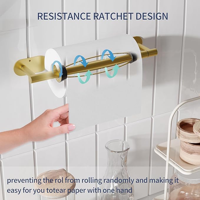 Paper Towel Holder Under Cabinet, Single Hand Operable Roll Holder with Damping Effect,Self-Adhesive or Drilled SUS304 Stainless Steel for Kitchen Bathroom,Gold