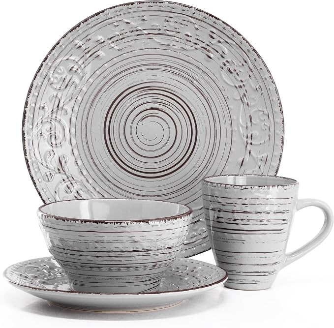 Elama Malibu Calcite 16-Piece Stoneware Embossed Pattern Reactive Glaze Light Gray Dinnerware Set, Tableware, Serveware Set (Calcite Gray)