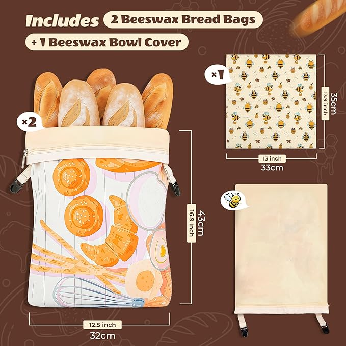 Beeswax Bread Bags for Sourdough and Homemade Bread - 2 Pack XL Cotton Storage Bags with Zipper & Buckle Double Seal - Includes 13x13.9" Beeswax Wrap for Bowl Cover - Reusable Produce Veggie Bag